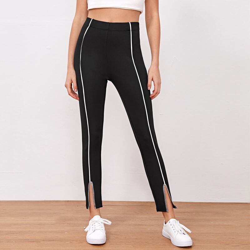 

Contrast Piping Split Cuff Pants, Black