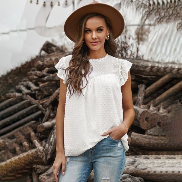 

Swiss Dot Ruffle Trim Chiffon Blouse, White