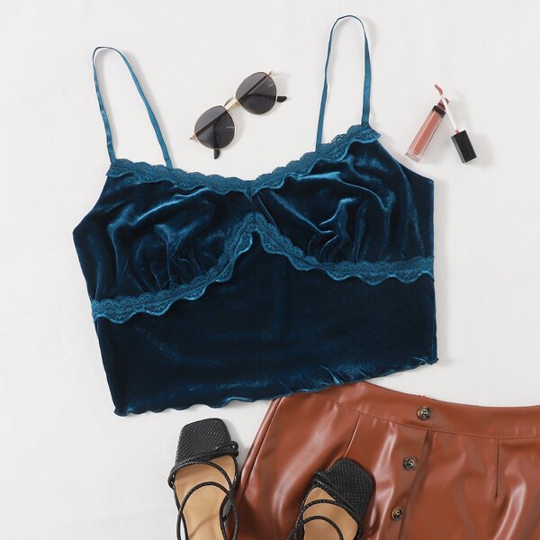 

Plus Lace Trim Velvet Cami Top, Navy blue