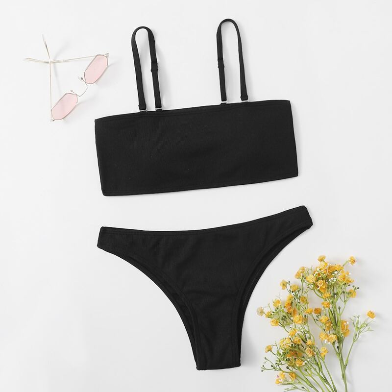 

Ribbed Cami Bikini Swimsuit, Black