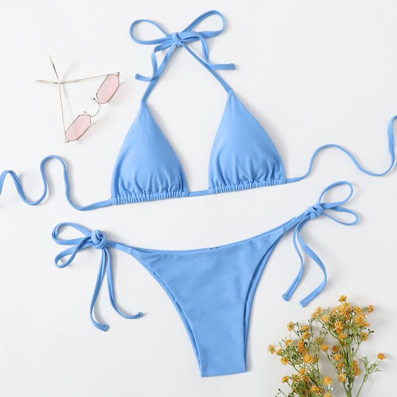 

Solid Triangle Tie Side Bikini Swimsuit, Baby blue