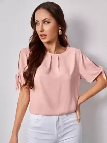SHEIN Clasi Solid Self-Tie Split Sleeve Top - Baby Pink - View 1