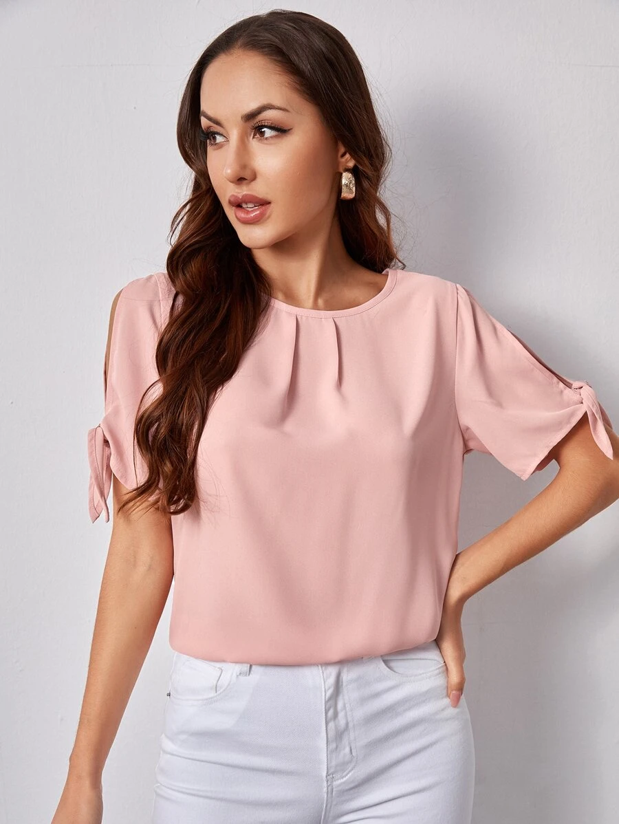 SHEIN Clasi Solid Self-Tie Split Sleeve Top - Baby Pink - View 1