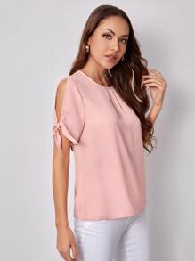 SHEIN Clasi Solid Self-Tie Split Sleeve Top - Baby Pink - View 3