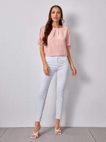 SHEIN Clasi Solid Self-Tie Split Sleeve Top - Baby Pink - View 4