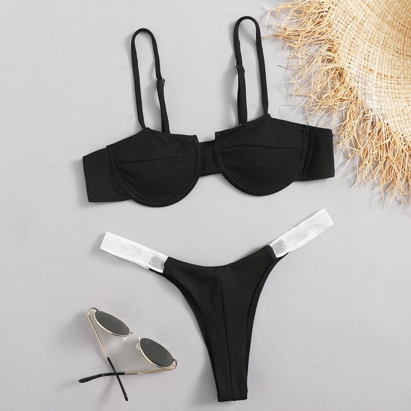 

Contrast Mesh Underwire Bikini Swimsuit, Black