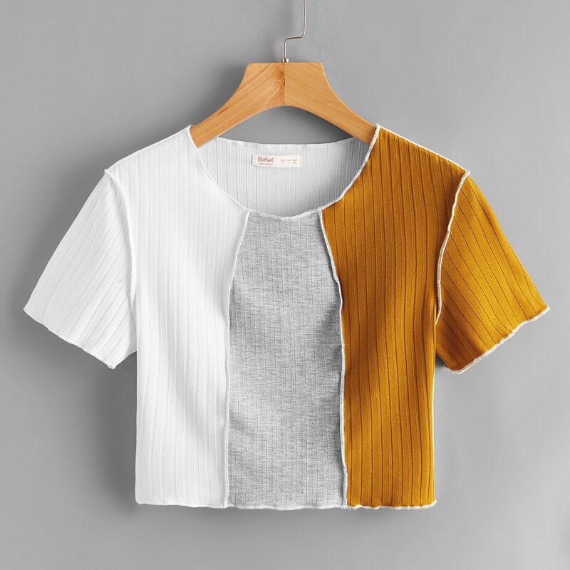 

Contrast Stitching Colorblock Crop Tee, Multicolor