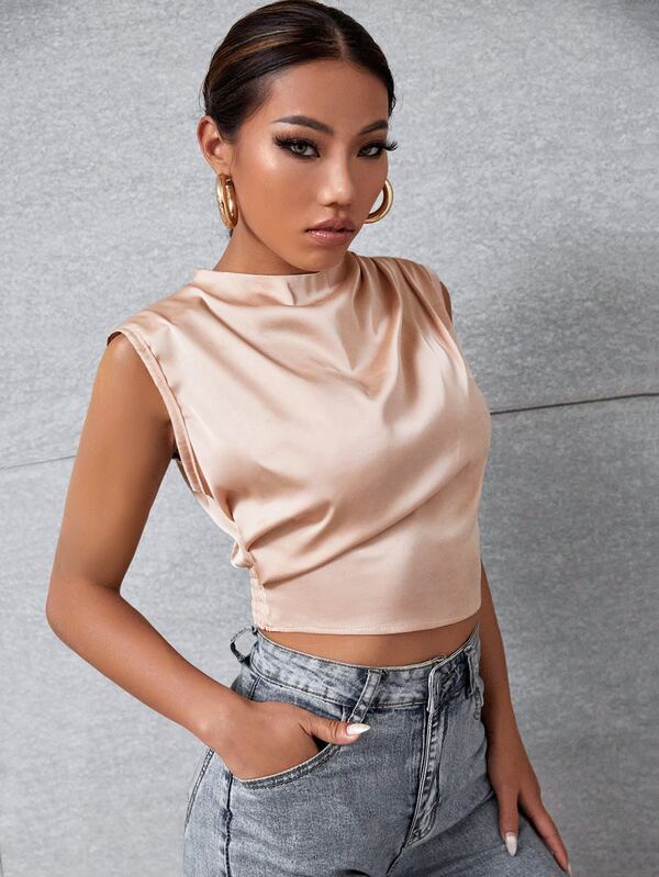 Mock Neck Crop Satin Tank Top SHEIN USA