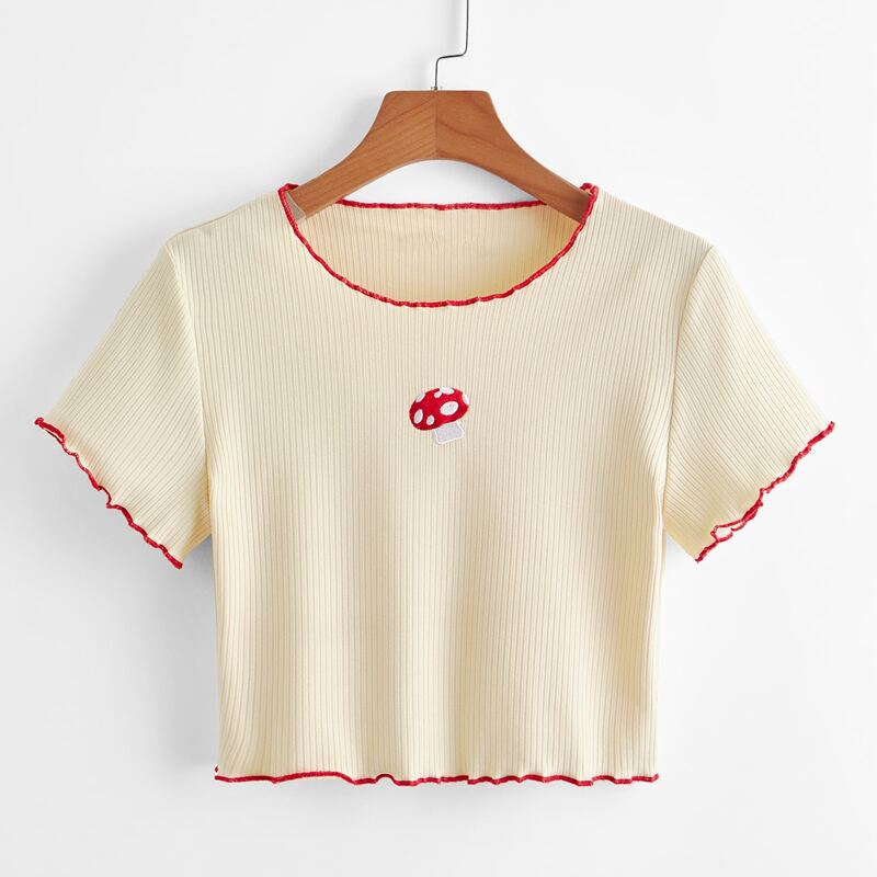 

Mushroom Embroidery Contrast Binding Crop Tee, Beige