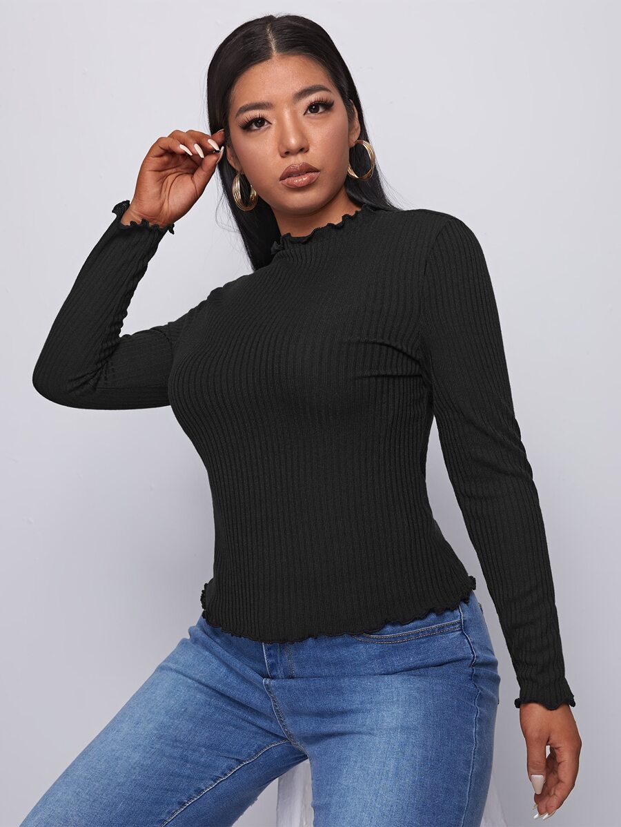 SHEIN Essnce 大碼生菜邊羅紋針織T恤 - 黑色 - 查看 1