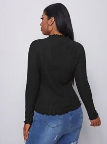 SHEIN Essnce 大碼生菜邊羅紋針織T恤 - 黑色 - 查看 2