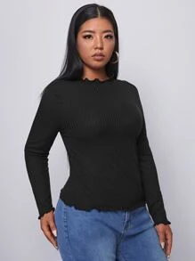 SHEIN Essnce 大碼生菜邊羅紋針織T恤 - 黑色 - 查看 3