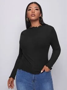 SHEIN Essnce 大碼生菜邊羅紋針織T恤 - 黑色 - 查看 4