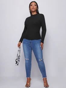 SHEIN Essnce 大碼生菜邊羅紋針織T恤 - 黑色 - 查看 5