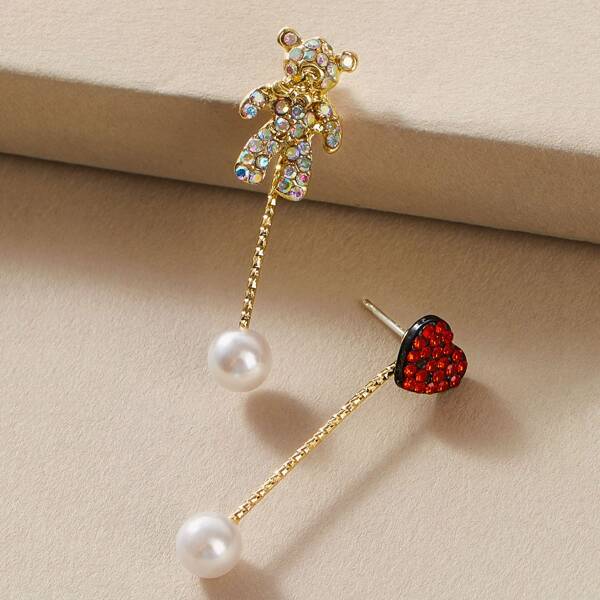 

Rhinestone Heart & Bear Design Mismatched Earrings, Multicolor