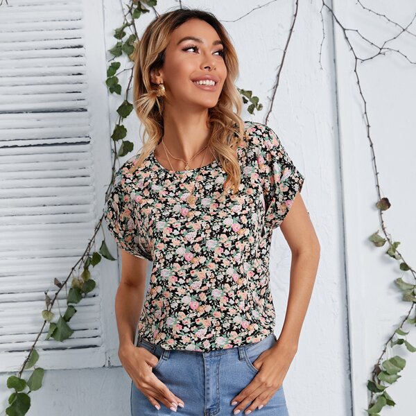 

Rolled Cuff Allover Floral Top, Multicolor