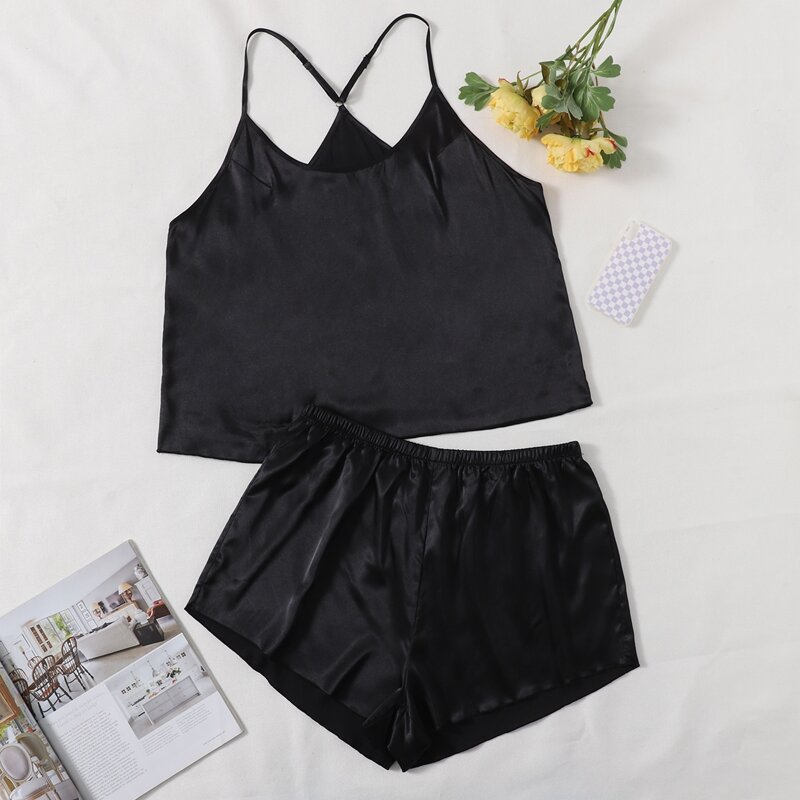 

Plus Solid Satin Cami Pajama Set, Black