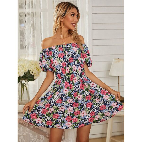 

Allover Floral Print Bardot Dress, Multicolor