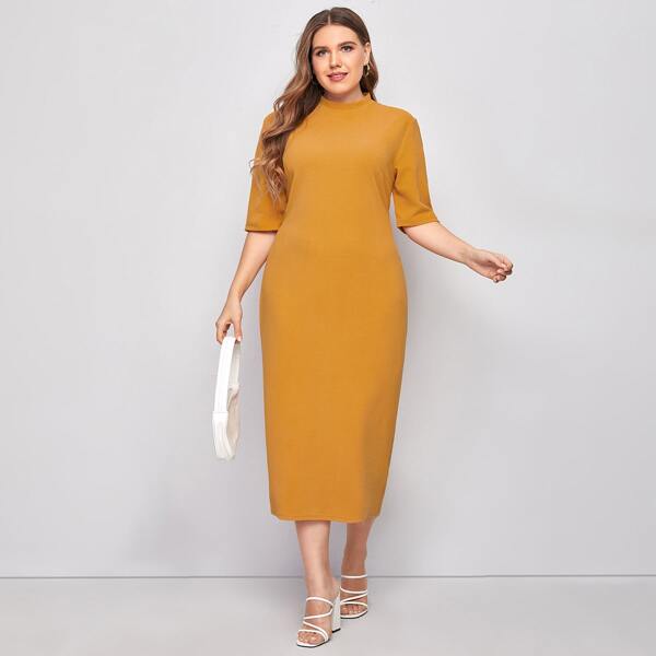 

Plus Mock-neck Solid Pencil Dress, Yellow