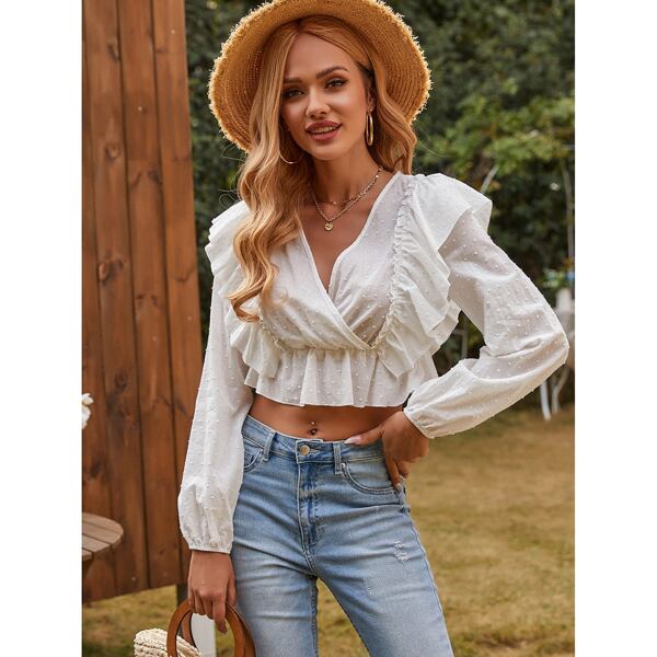 

Swiss Dot Ruffle Trim Crop Blouse, White