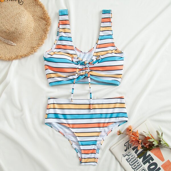 

Striped Tie Front Bikini Swimsuit, Multicolor