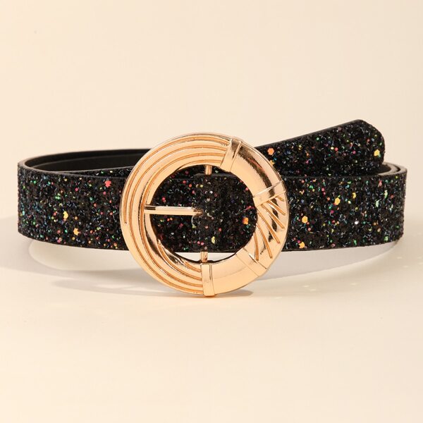 

Round Buckle Sequin Decor Belt, Black