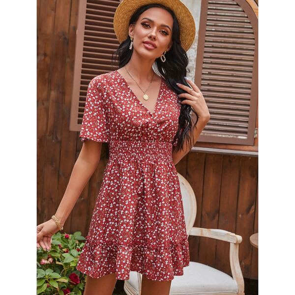 

Ditsy Floral Shirred Waist A-line Dress, Burgundy