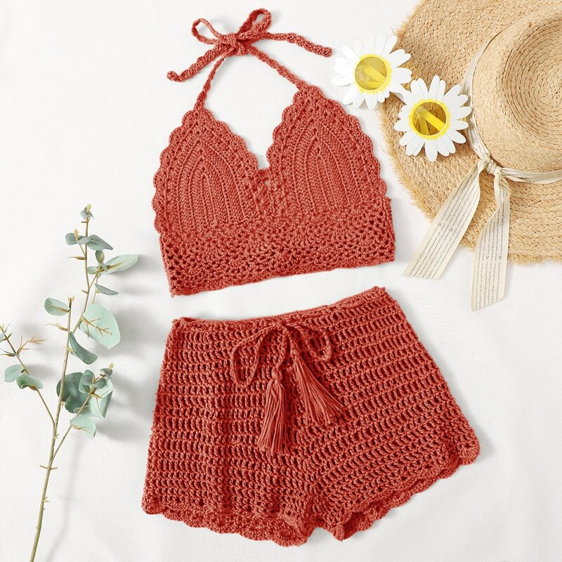 

Tie Front Crochet Bikini Swimsuit, Burnt orange