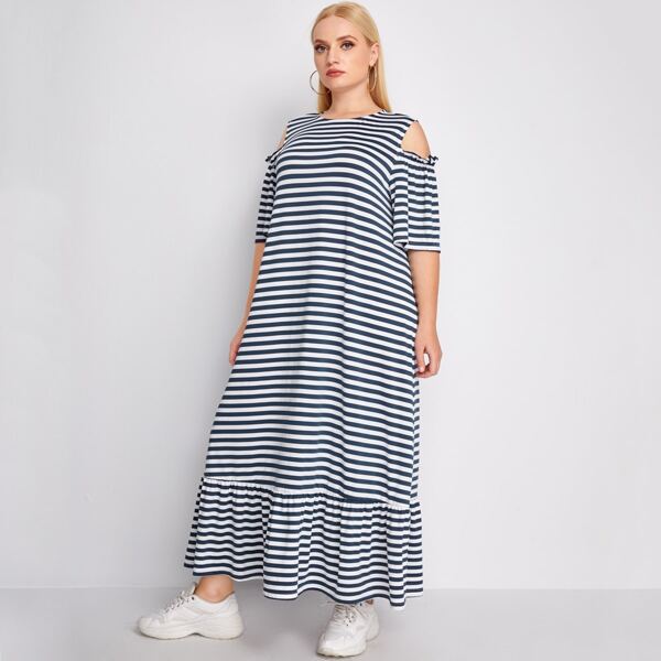 

Plus Cold Shoulder Ruffle Hem Striped Dress, Blue and white
