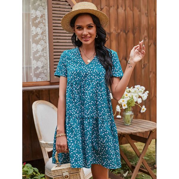 

Ditsy Floral Surplice Front Babydoll Dress, Teal blue