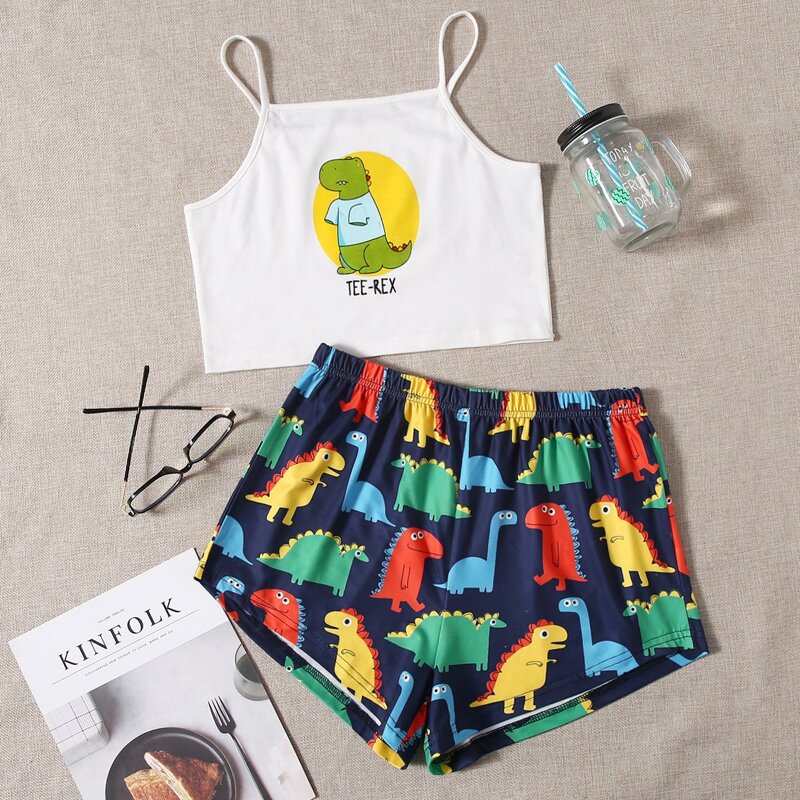 

Cartoon Dinosaur Pattern PJ Set, Multicolor