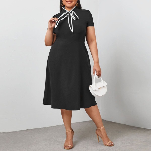 

Plus Tie Neck Contrast Binding Dresses, Black
