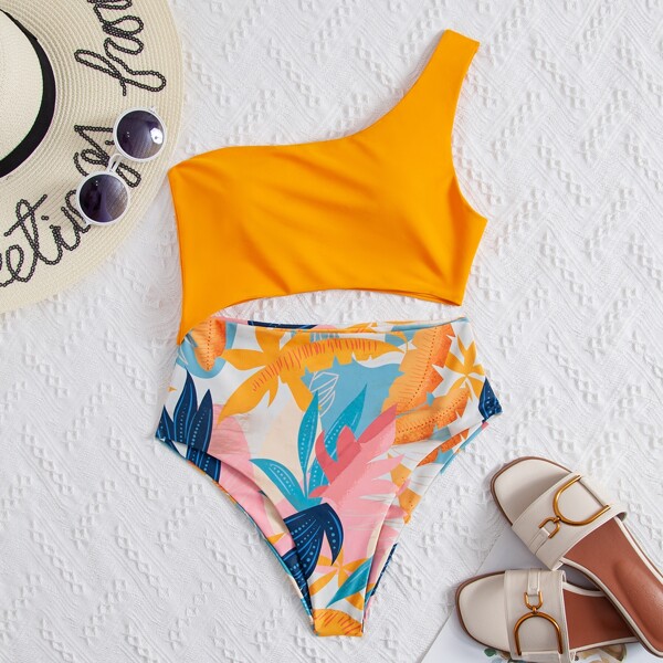 

Leaf Print One Shoulder One Piece Swimsuit, Multicolor