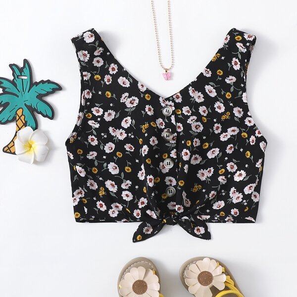 

Girls Tie Hem Floral Print Tank Top, Multicolor