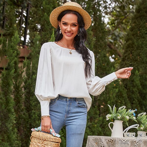 

Solid Lantern Sleeve Blouse, White