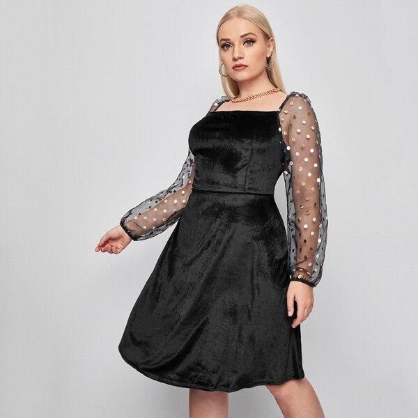 

Plus Gilding Dot Print Contrast Mesh Velvet Dress, Black