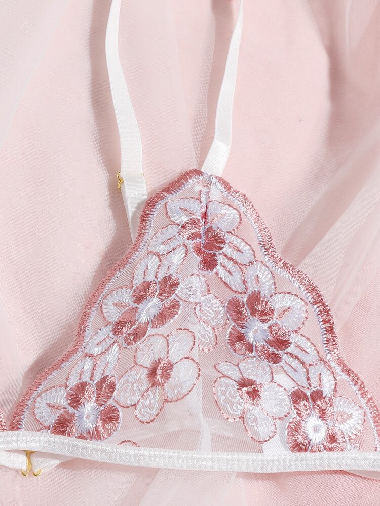 3入組蕾絲花卉圖案吊帶襪內衣套裝 - 彩色 - 查看 3