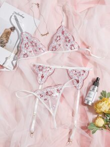 3 Piezas Set De Lencería Con Liga Floral De Encaje - Multicolor - Ver 4