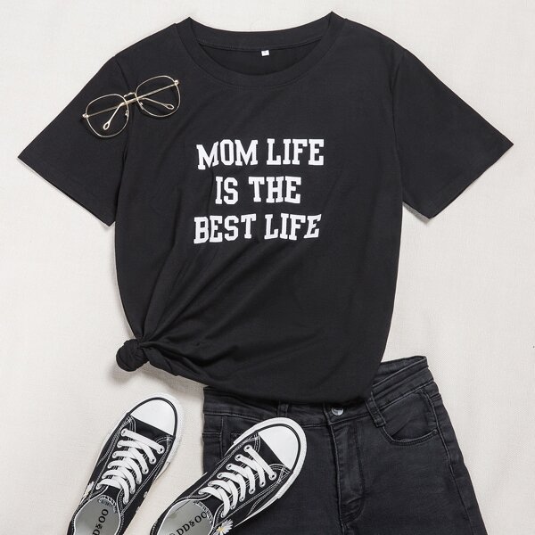 

Slogan Graphic Round Neck Tee, Black
