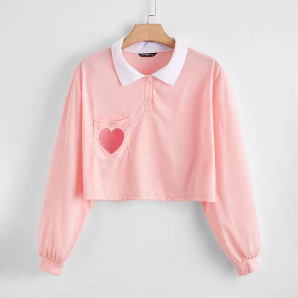 

Plus Heart Embroidered Polo Tee, Baby pink