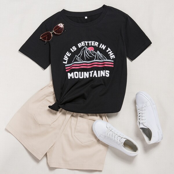 

Slogan And Mountain Print Tee, Black
