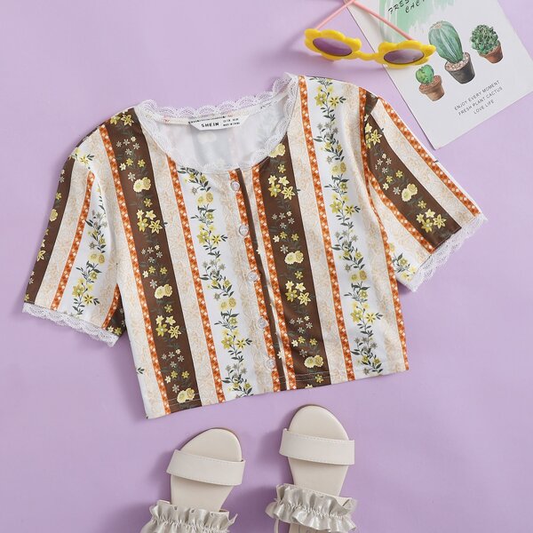 

Girls Lace Trim Floral Print Tee, Multicolor