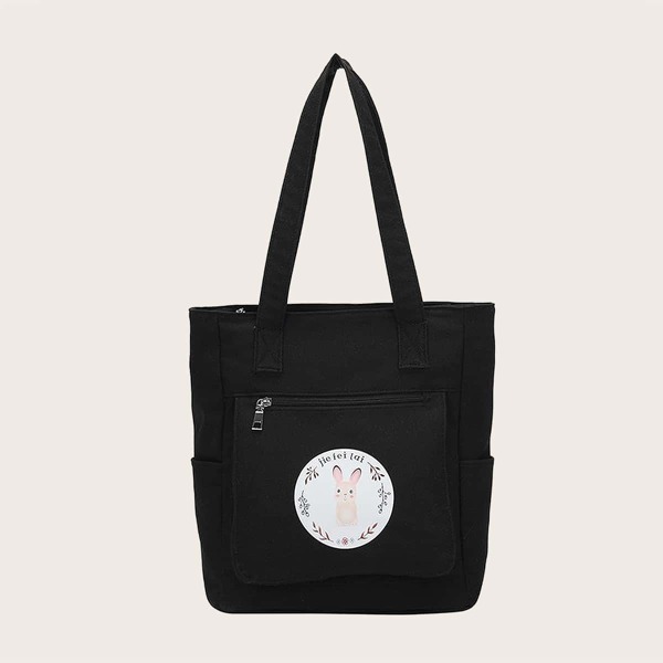 

Girls Cartoon Rabbit Print Tote Bag, Black