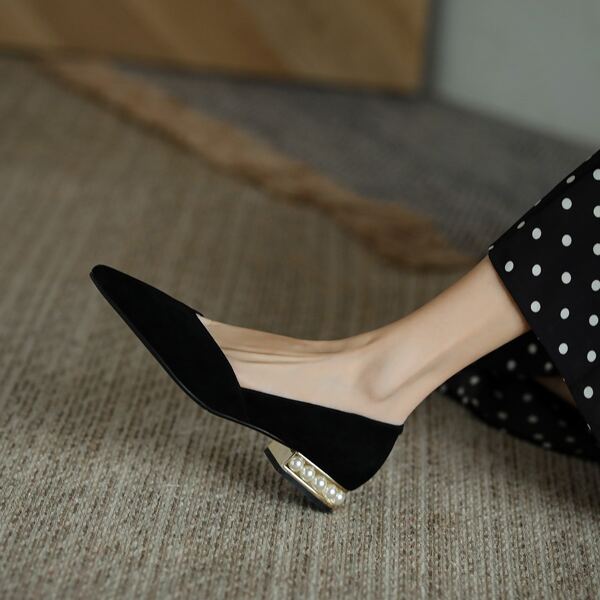 

Point Toe Faux Pearl Decor Leather Flats, Black