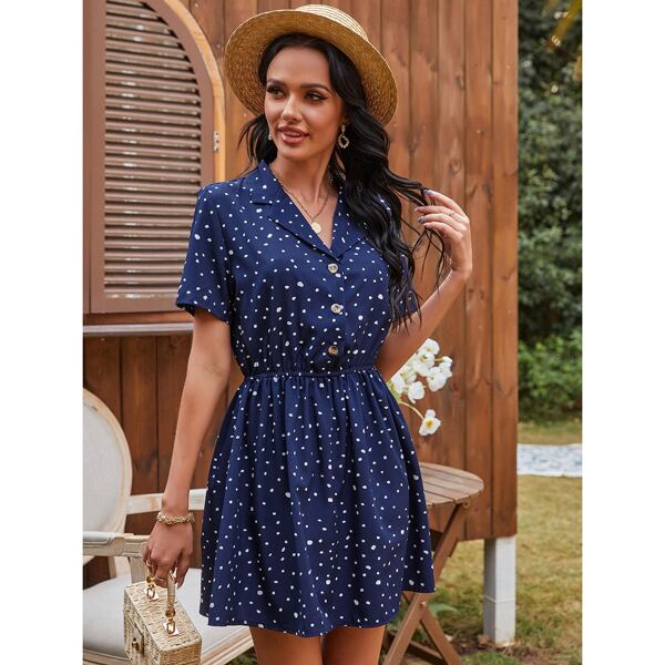 

Allover Print Half Button Dress, Navy blue