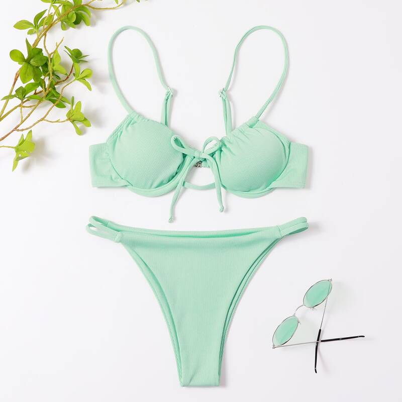 

Underwire Tie Front Bikini Swimsuit, Mint green