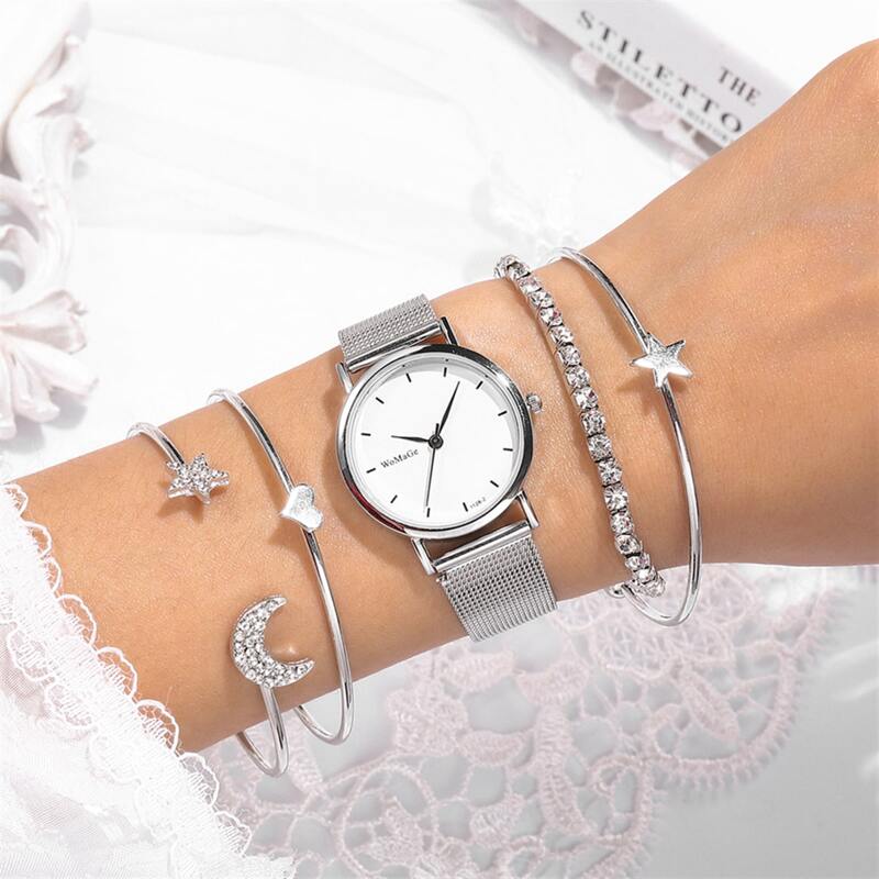 

1pc Round Pointer Mesh Strap Quartz Watch & 4pcs Bracelet