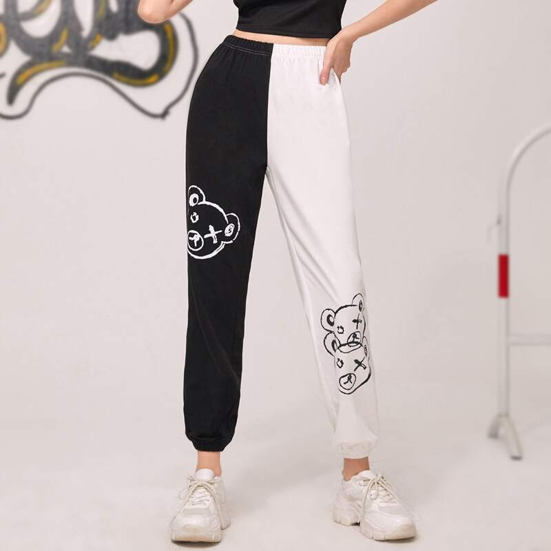 

Two Tone Cartoon Bear Sweatpants, Black and white