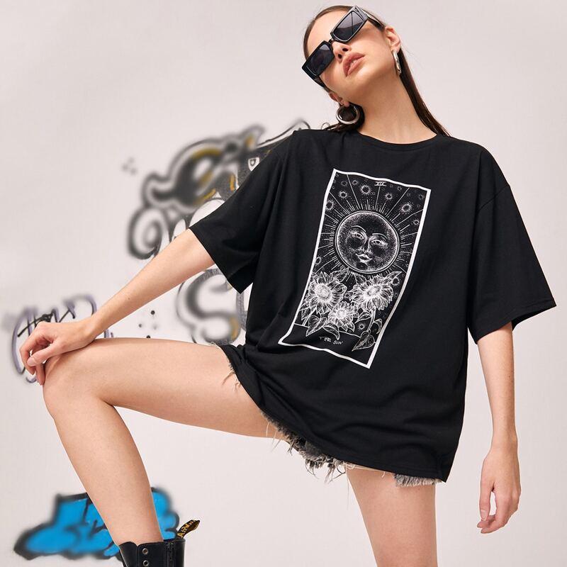 

Sun & Moon Graphic Oversized Tee, Black