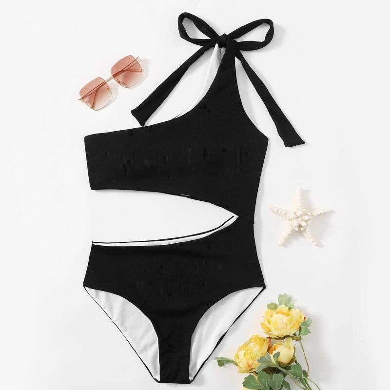 

One Shoulder Cut-out One Piece Swimsuit, Black